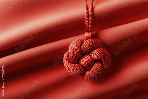 Elegant red knot pendant on luxurious fabric backdrop photo