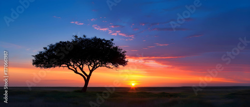 Majestic silhouette of a lone tree against a vibrant sunset sky with colorful clouds and serene landscape
