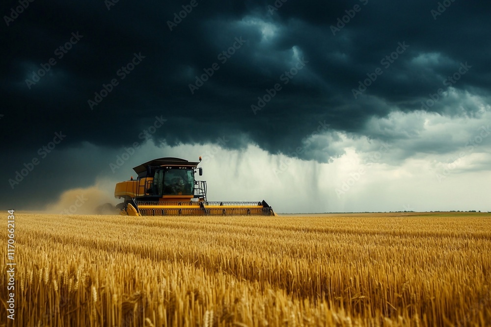 Fototapeta premium Combine at work under storm clouds