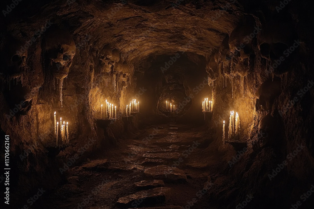 Dark, mysterious cave lit by candles. Dark, mysterious cave lit by candles.