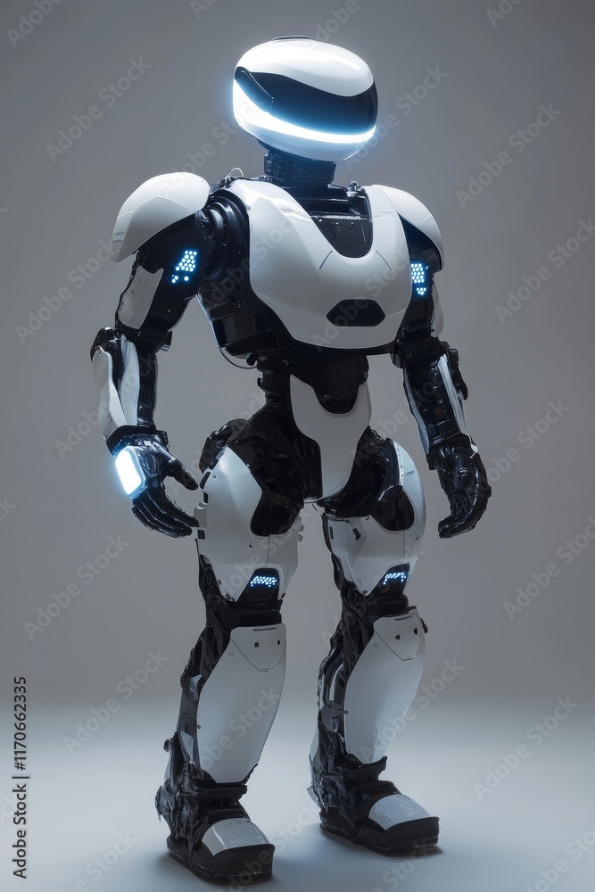 Fototapeta premium Robot with a white and black body stands in front of a white background