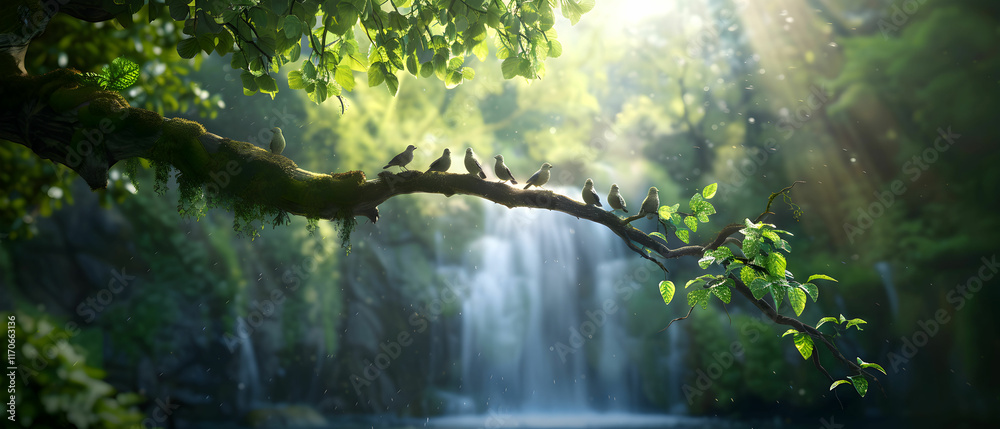 Fototapeta premium Serene Waterfall Surrounded by Lush Greenery with Birds Nestled on a Branch in a Tranquil Forest Setting