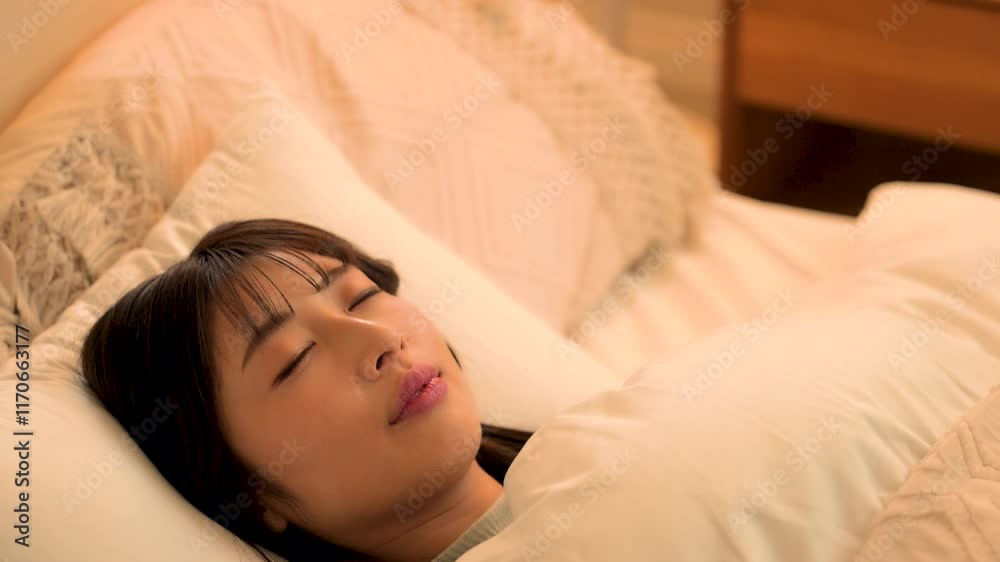 間接照明で眠りにつく女性　ベッドの睡眠や安眠のイメージのクローズアップの動画　黄色系