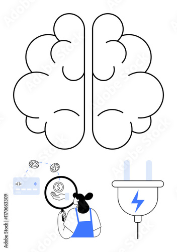 Large brain icon with split hemispheres, credit card with coins, person inspecting dollar bill through magnifying glass, and electric plug. Ideal for technology, finance, analysis, innovation