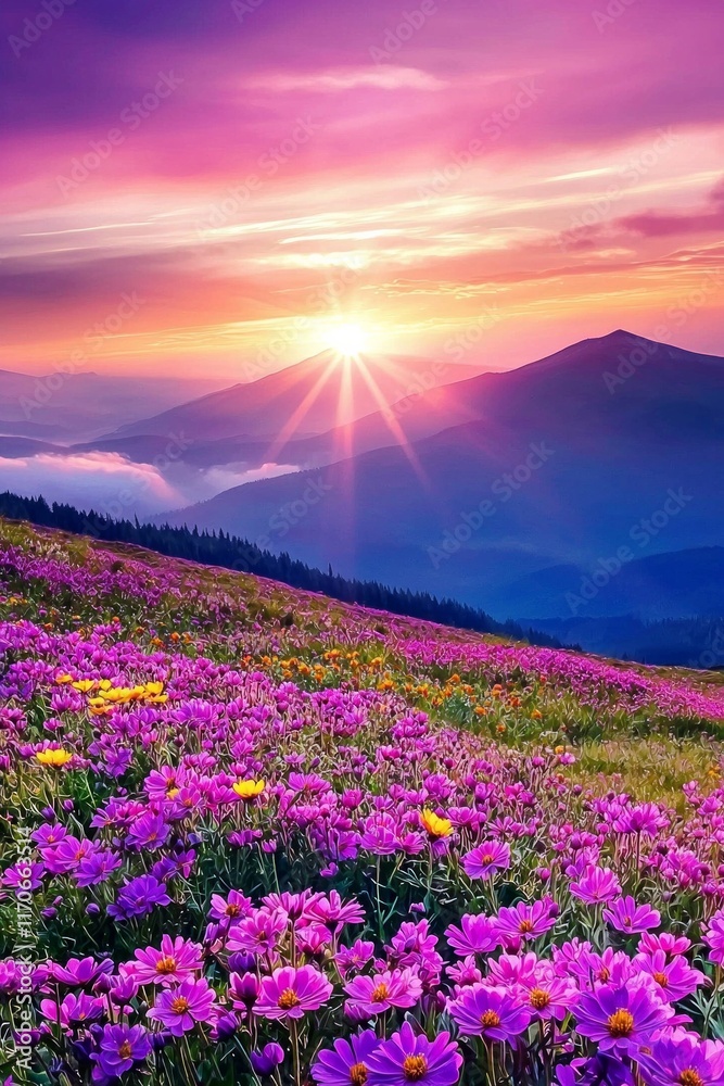Obraz premium Purple and yellow flowers field during sunrise with a sea of clouds and mountains in the distance