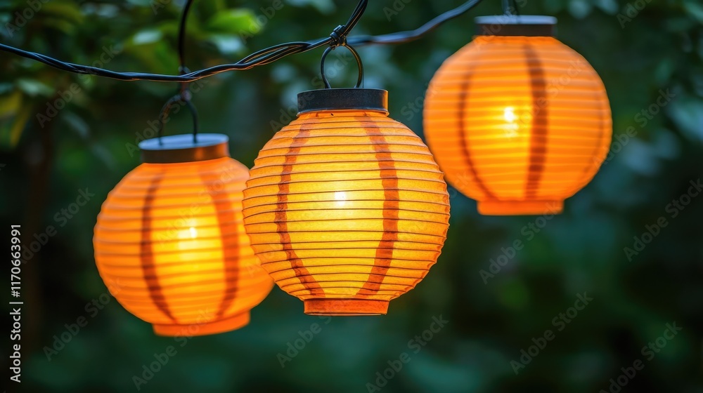 Fototapeta premium Warm glowing lanterns illuminating a garden evening