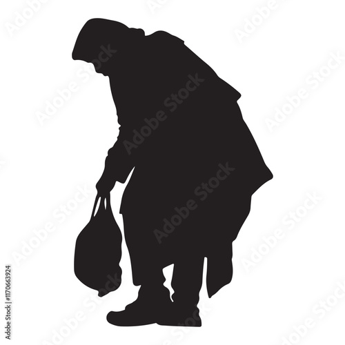 Homeless or beggar woman silhouette vector illustration