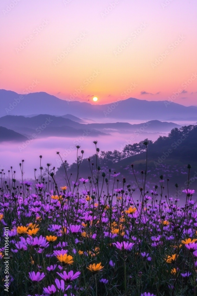 Obraz premium Purple and yellow flowers field during sunrise with a sea of clouds and mountains in the distance