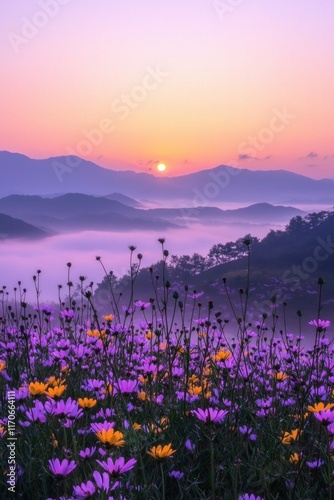 Purple and yellow flowers field during sunrise with a sea of clouds and mountains in the distance