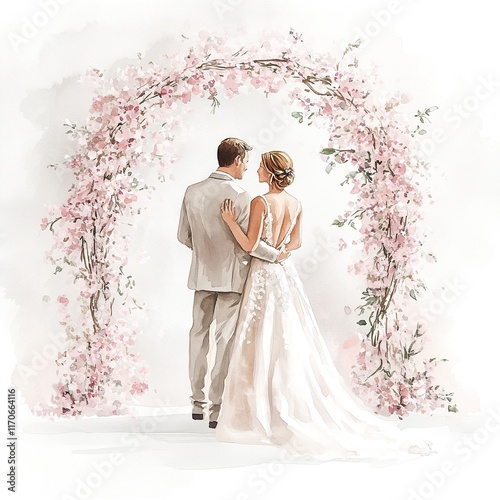 Watercolor of couple with their backs to each other at their wedding, romantic atmosphere
