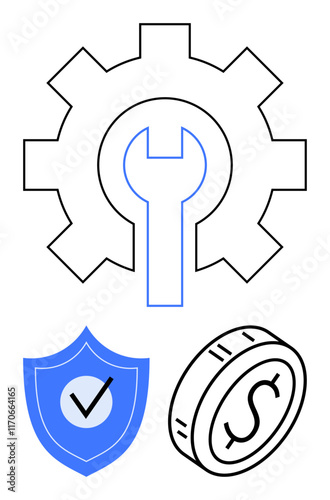 Gear with wrench symbolizes maintenance, shield with checkmark conveys protection, and dollar coin suggests financial aspects. Ideal for technology, security, finance, workflow, cost management