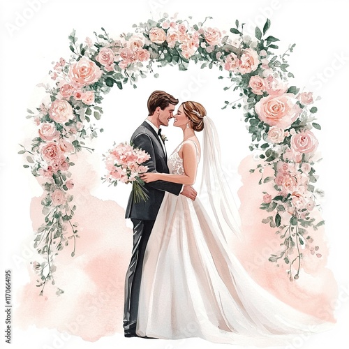 Watercolor of a couple kissing under a floral arch, in pastel tones.