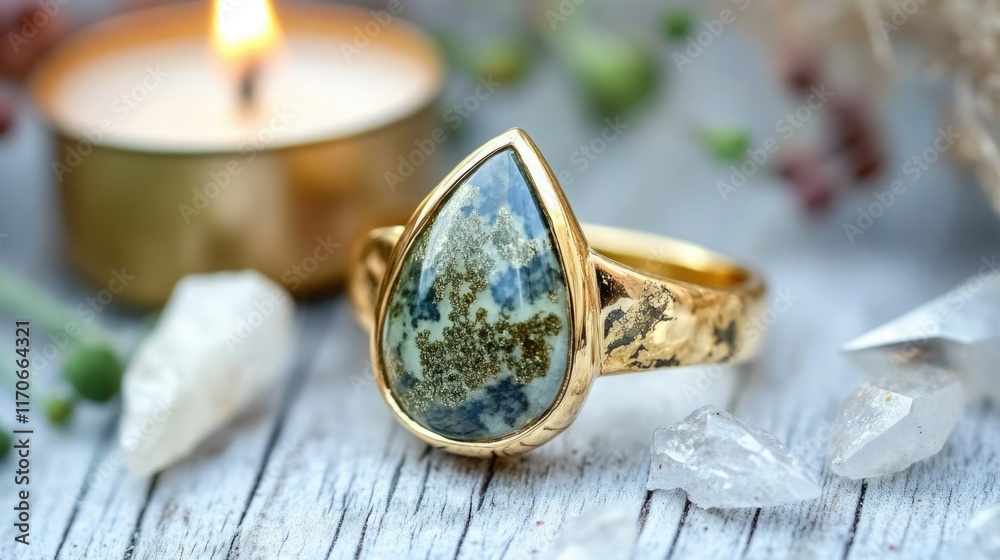 Gold Moss Agate Ring on Wooden Surface Gold Moss Agate Ring on Wooden Surface