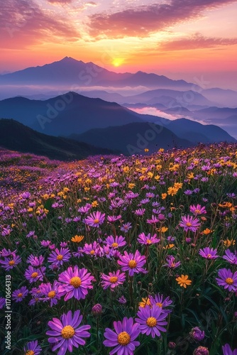 Purple and yellow flowers field during sunrise with a sea of clouds and mountains in the distance