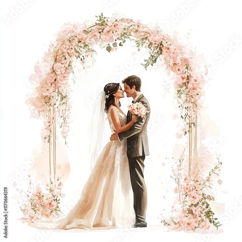 romantic illustration of bride and groom,elegant bow with pink flowers.