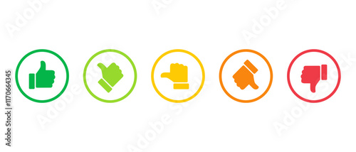 Rating and feedback scale symbol on circle outline. Excellent, good, average, poor, and bad thumb color sign symbol