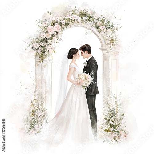 illustration of romantic wedding couple,getting married.