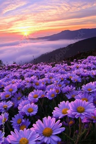Purple and yellow flowers field during sunrise with a sea of clouds and mountains in the distance