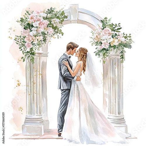 watercolor illustration of an elegant couple at their wedding ceremony, an arch of flowers.
