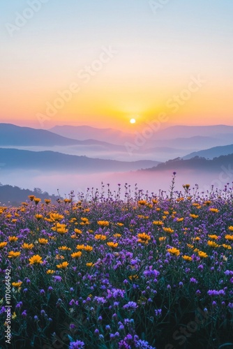 Purple and yellow flowers field during sunrise with a sea of clouds and mountains in the distance