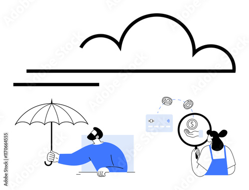 Man holding an umbrella under a large cloud, woman observing credit card and money icons, representing financial security and digital transactions. Ideal for financial planning, savings, digital