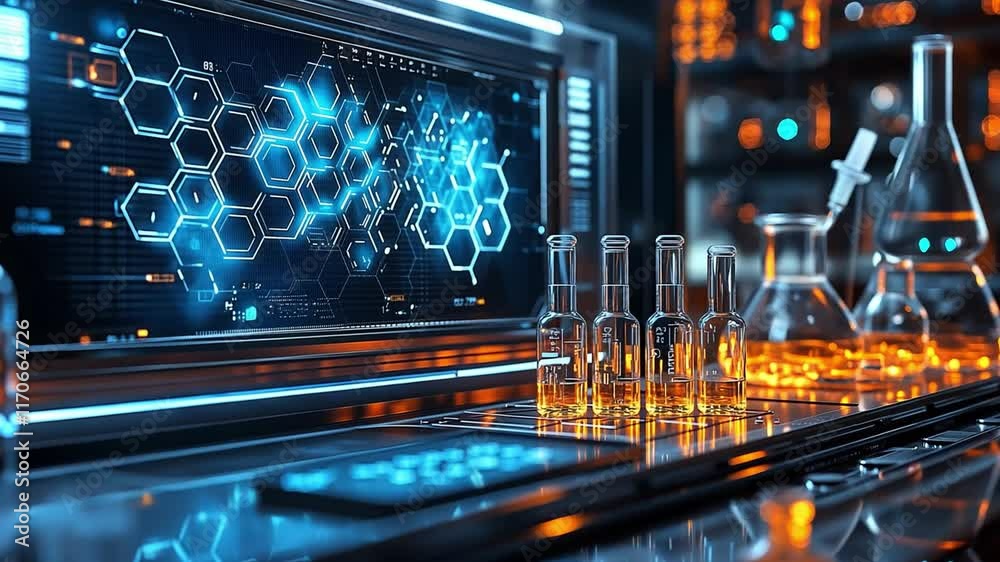 High-tech laboratory with glowing equipment and chemical vessels in a futuristic environment High-tech laboratory with glowing equipment and chemical vessels in a futuristic environment