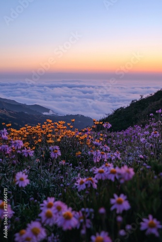 Purple and yellow flowers field during sunrise with a sea of clouds and mountains in the distance