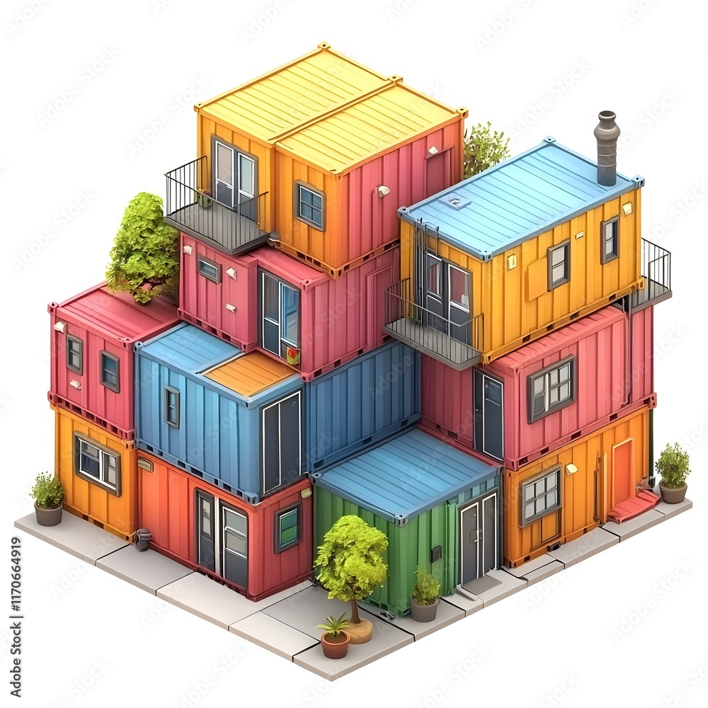 Fototapeta premium Colorful Stacked Shipping Container Homes in Isometric