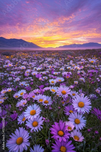 Purple and yellow flowers field during sunrise with a sea of clouds and mountains in the distance