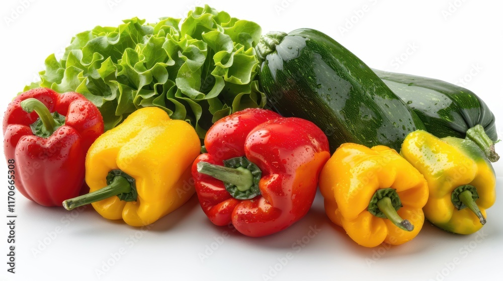 Fresh mix of green, red, and yellow peppers with lettuce and zucchini on a white background Fresh mix of green, red, and yellow peppers with lettuce and zucchini on a white background