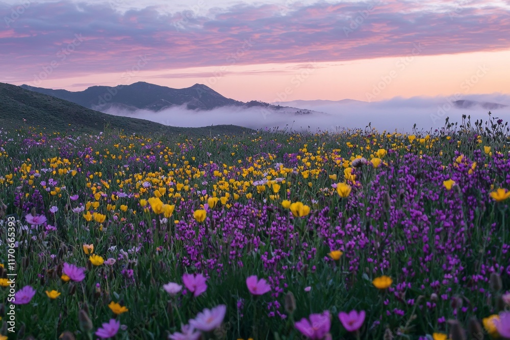 Obraz premium Purple and yellow flowers field during sunrise with a sea of clouds and mountains in the distance