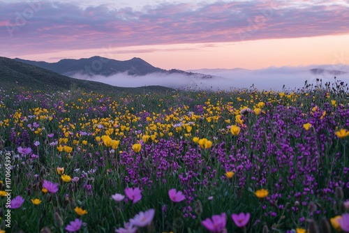 Purple and yellow flowers field during sunrise with a sea of clouds and mountains in the distance