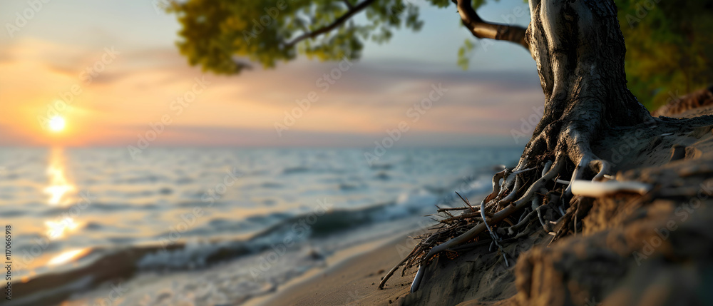 Tranquil Sunset at Seaside with Tree Roots Nestled in Sandy Shoreline Near Calm Ocean Waves Tranquil Sunset at Seaside with Tree Roots Nestled in Sandy Shoreline Near Calm Ocean Waves