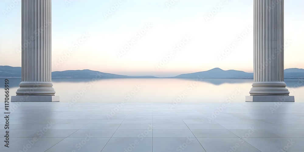 A serene landscape featuring two towering columns with a calm body of water and distant mountains under a soft sunset sky. Concept Serene Landscape, Towering Columns, Calm Water, Distant Mountains A serene landscape featuring two towering columns with a calm body of water and distant mountains under a soft sunset sky. Concept Serene Landscape, Towering Columns, Calm Water, Distant Mountains