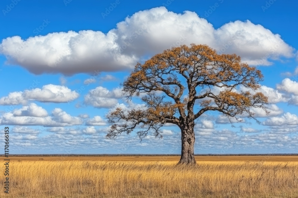 Majestic solitary tree in a golden grassland under blue sky Majestic solitary tree in a golden grassland under blue sky