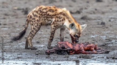 A hyena scavenging on a carcass in a natural environment. photo