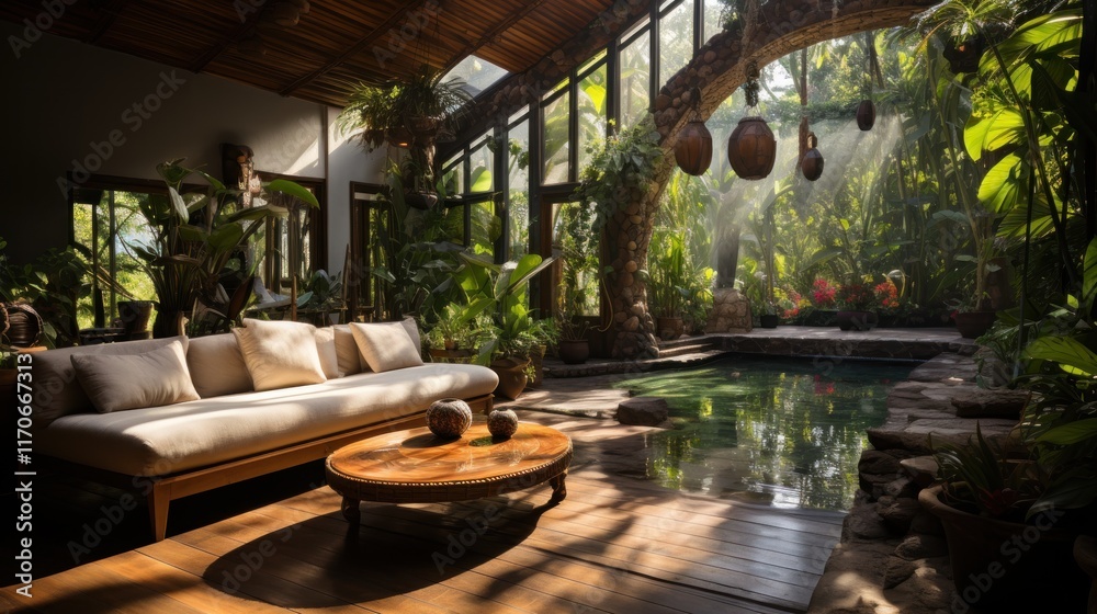 Fototapeta premium Tranquil Indoor Oasis: Luxury Villa with Pool and Lush Greenery