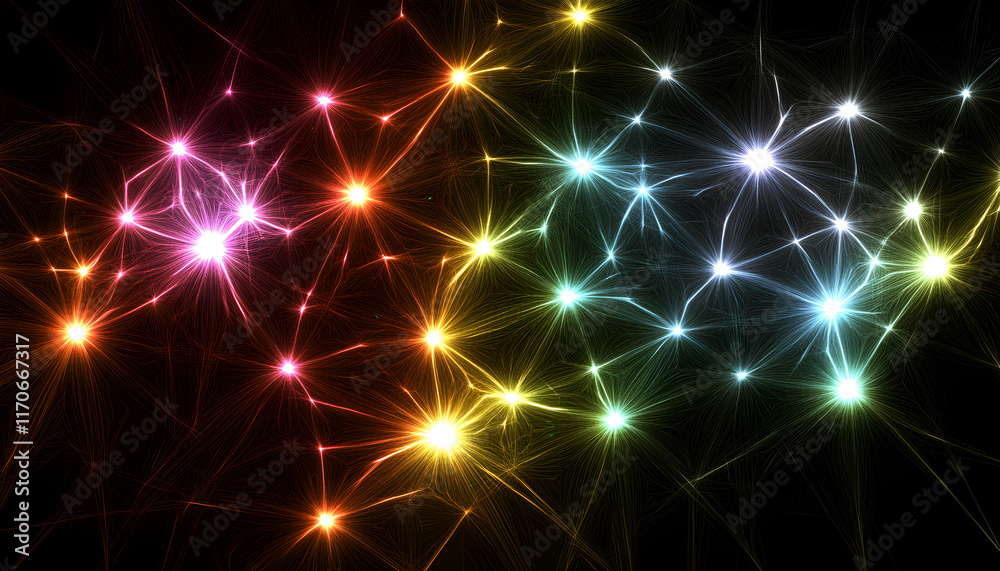 Fototapeta premium Abstract image depicting a vibrant network of interconnected nodes, resembling a neural network or complex system. Perfect for technology, science, or connection themes.