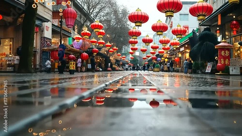 Wallpaper Mural Red and Gold Lanterns Reflected in Puddle on Cobblestone Street Torontodigital.ca