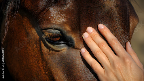 A female hand stroking a brown horse head - Close up portrait of a horse - Eyes shut - Tenderness and caring for animals concept photo