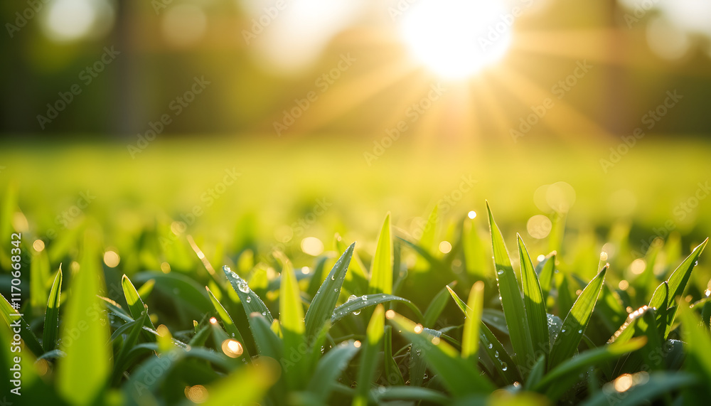 Fototapeta premium Morning dew glistening on fresh grass at sunrise, spring beauty
