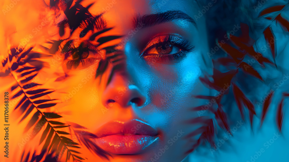 Vibrant Face, Neon Lights, Tropical Leaves Vibrant Face, Neon Lights, Tropical Leaves