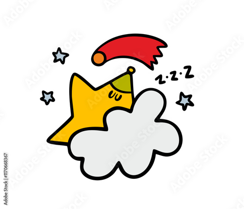 Cute children's illustration, a star in a nightcap sleeping in a cozy cloud. A comet is flying overhead. Vector image in doodle style. Space concept.