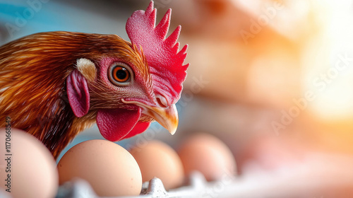 A close-up of a striking rooster beside arranged eggs capturing the essence of farm life, showcasing the natural beauty of poultry and fresh produce in a rustic setting.