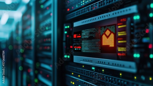 Cyber attacks threaten business continuity. Data center with illuminated servers and network equipment.