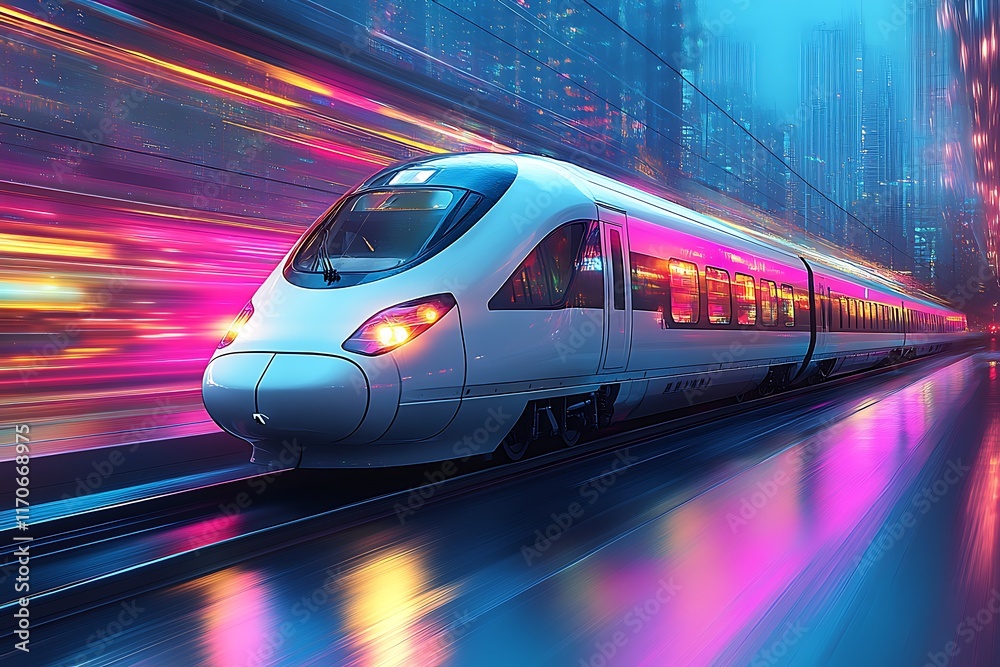 High-speed train streaks through a vibrant tunnel at sunset. High-speed train streaks through a vibrant tunnel at sunset.