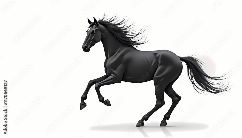 Fototapeta premium Black stallion running with flowing mane on white background.