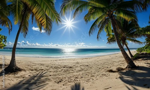 Tropical beach paradise with swaying palms and sparkling ocean waves