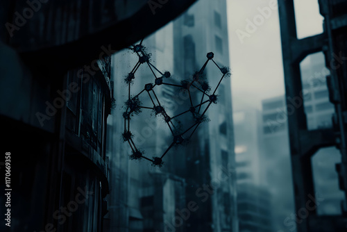 Futuristic dystopian cityscape with abstract network structure, depicting decay and technological remnants.  A moody, atmospheric image evoking themes of urban decay and technological advancement. photo