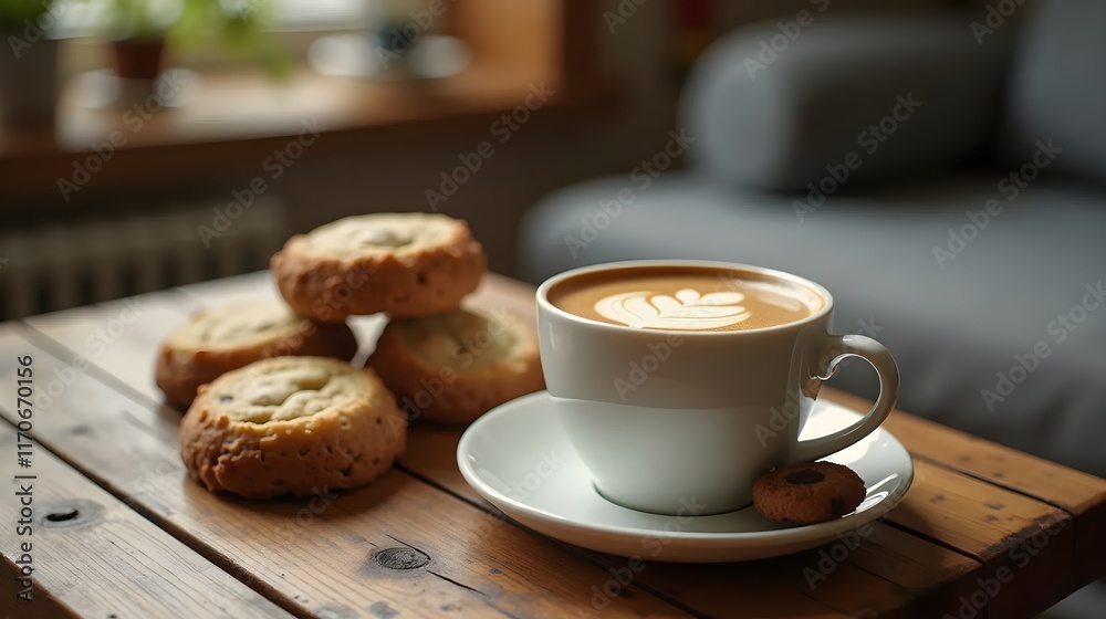 Enjoying warm cookies and a cup of coffee on a rustic wooden table for a cozy afternoon break Enjoying warm cookies and a cup of coffee on a rustic wooden table for a cozy afternoon break